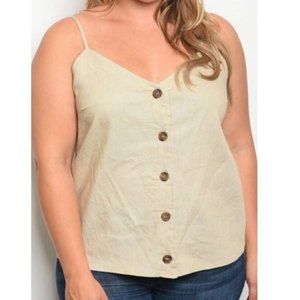 Blue Leopard Rayon Linen Sleeveless Top Beige Button Coastal Neutral Summer